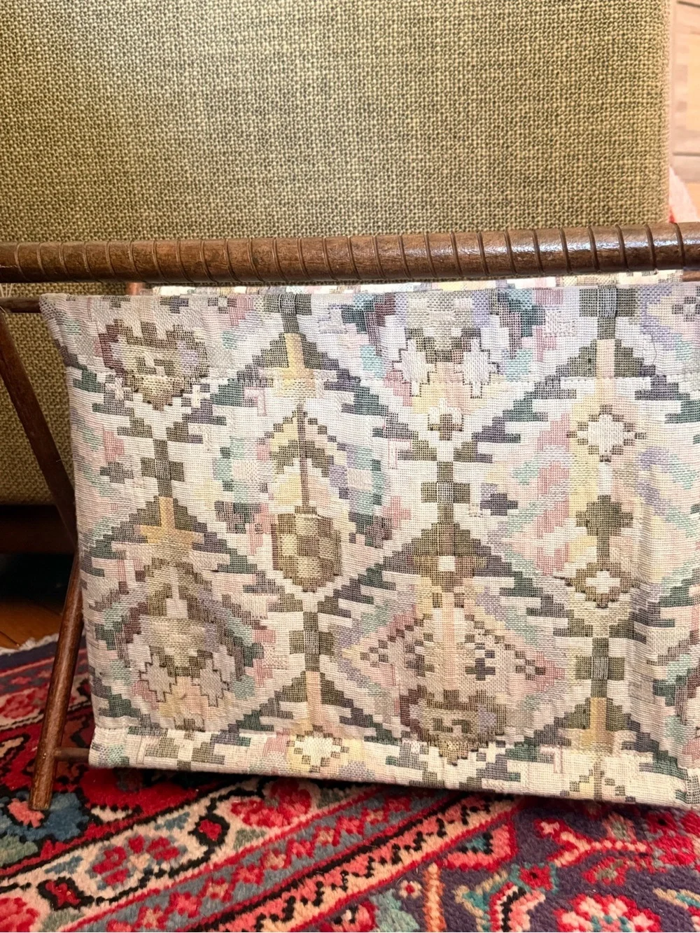 Vintage Tapestry Magazine Rack/Yarn Bag in Muted Pastel Geometric Kilim
